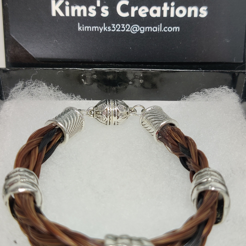 Handbraided Natural Horsehair Bracelet with Silver Accents/ Magnetic
